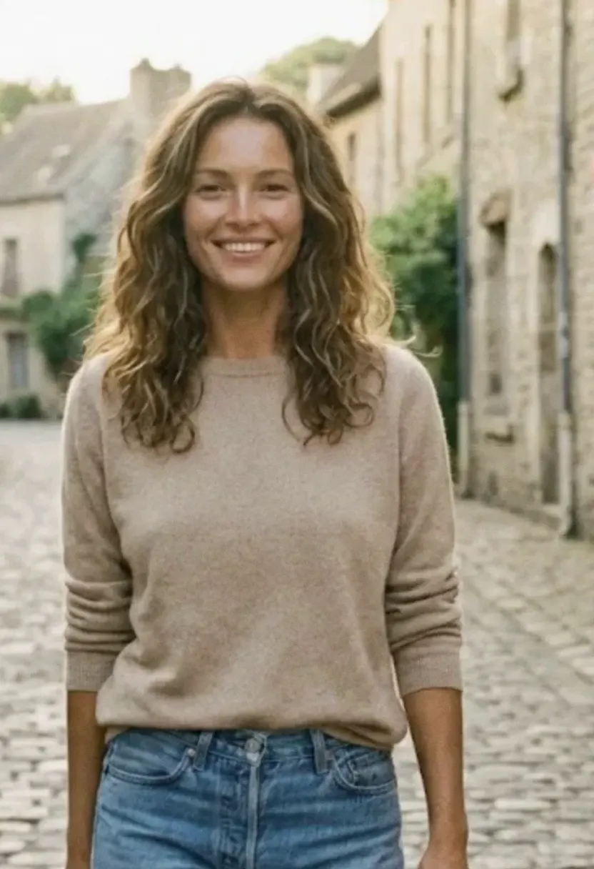 Smiling young woman with wavy brown hair in a beige sweater and blue jeans on a cobblestone street.