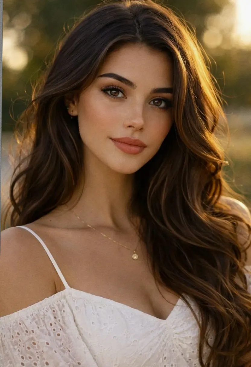 Young woman with long brown hair and natural makeup outdoors in warm light.
