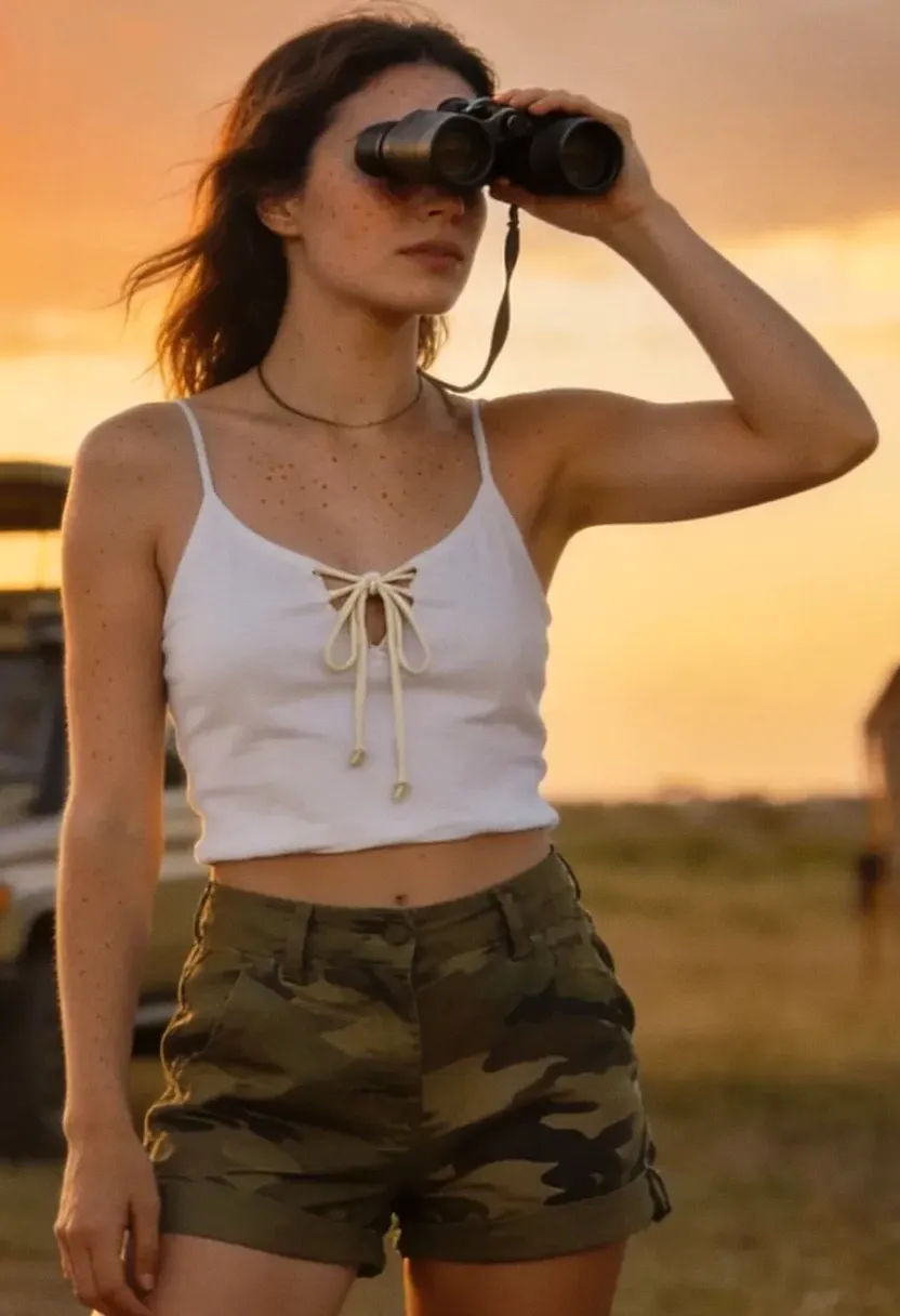 Young woman with medium-length dark hair and freckles outdoors at sunset using binoculars.