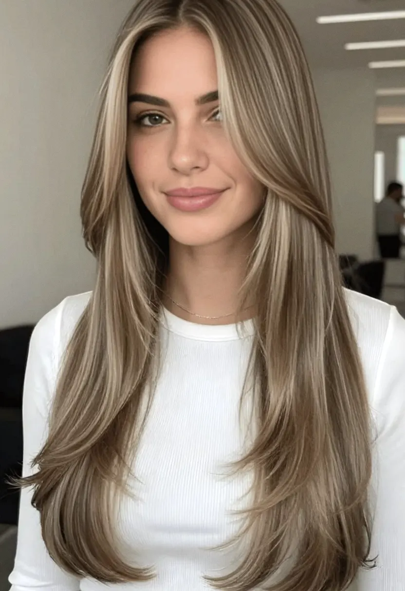 Young woman with long straight blonde hair wearing a white long-sleeve shirt indoors.