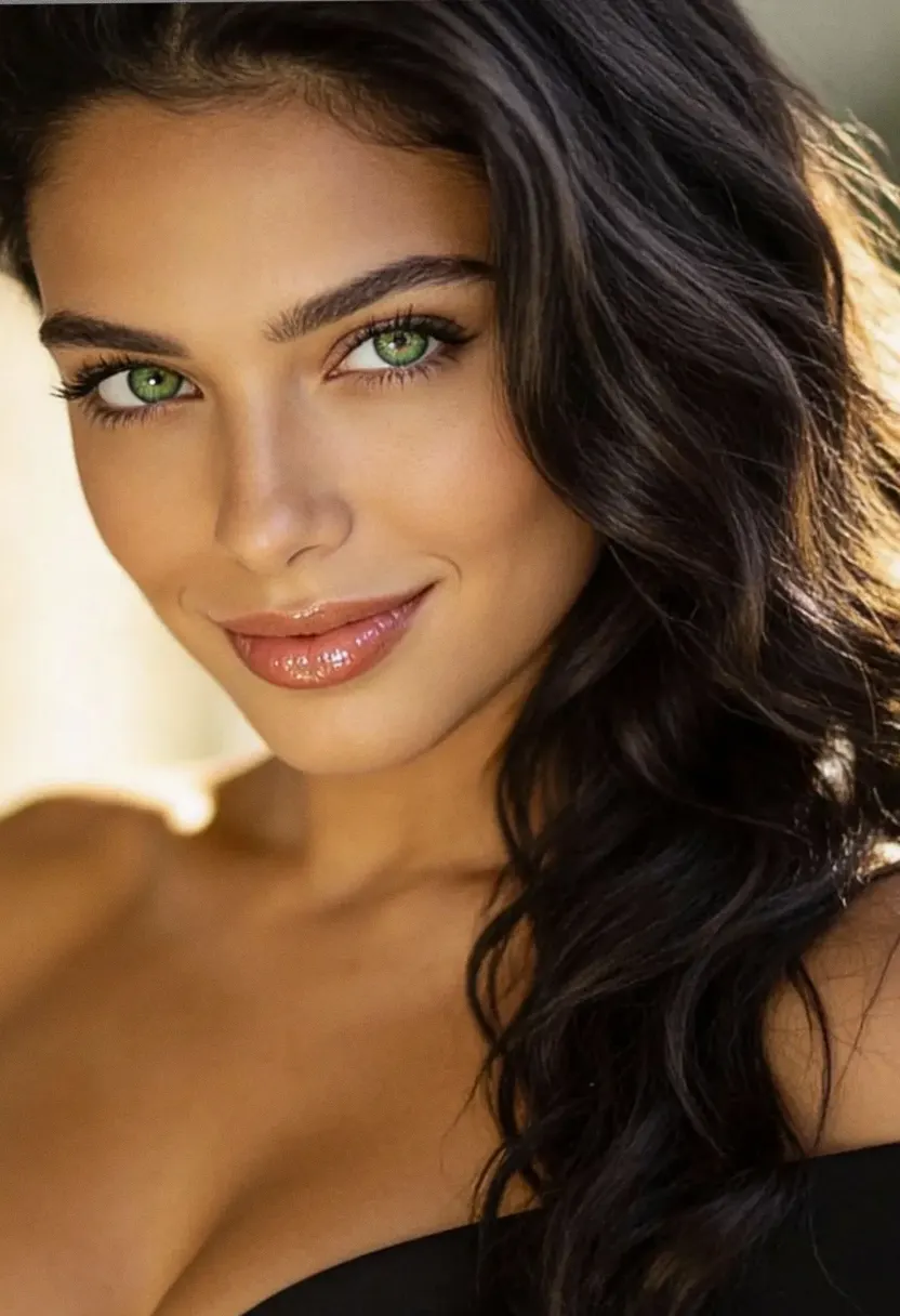 Young woman with long dark wavy hair and green eyes in a close-up portrait.