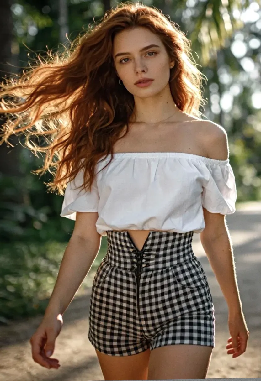 Young woman with long red hair walking outdoors on a sunlit path.