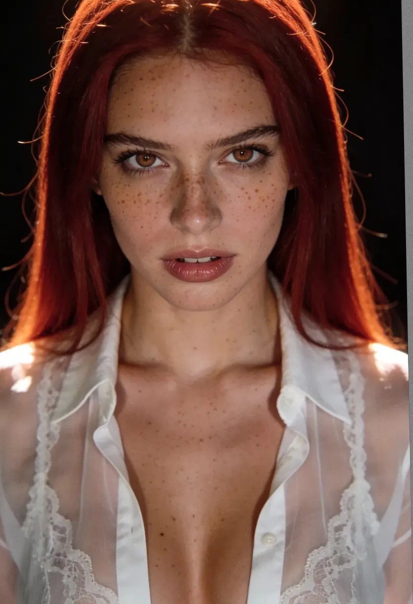 Young woman with long red hair and freckles in warm lighting against a dark background.