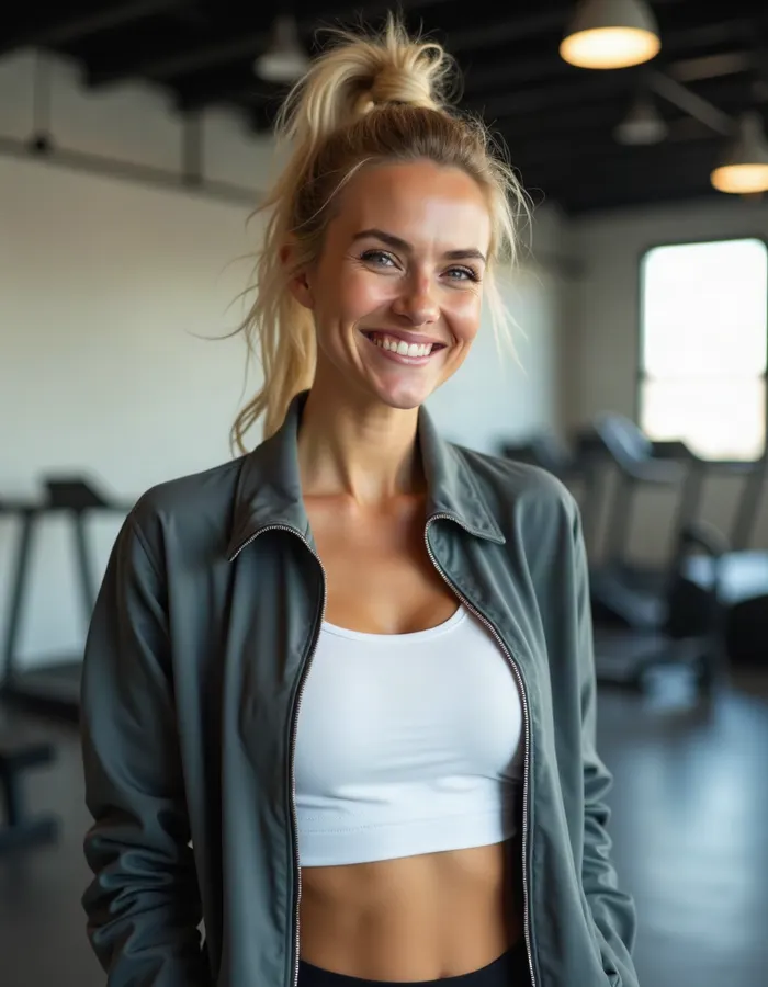 Adult woman taking a casual selfie at the gym