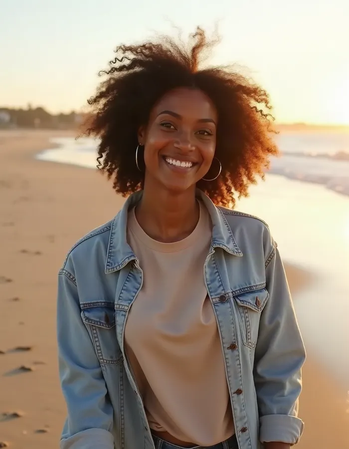 Adult woman taking a casual selfie during a beach walk