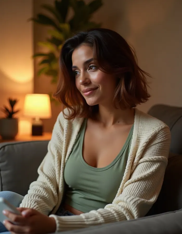 Adult woman taking a casual selfie on a cosy sofa