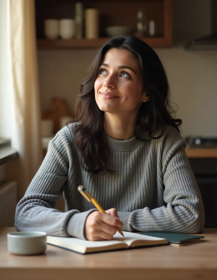 Woman writing in a notebook at a kitchen table