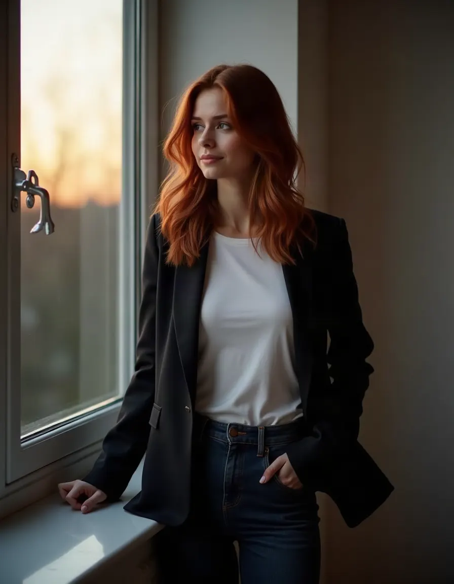 Woman leaning by a window with a thoughtful expression
