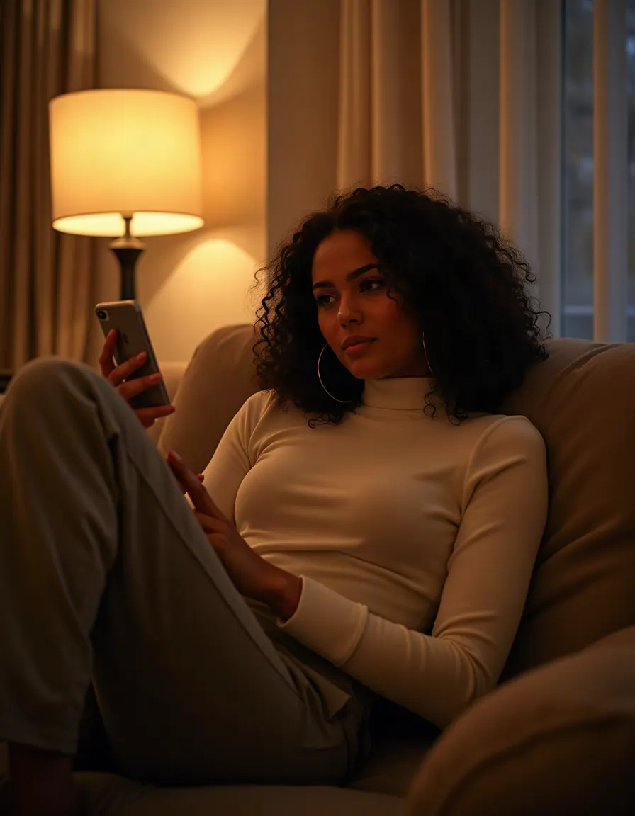 Woman relaxing on a sofa with a calm, comfortable smile