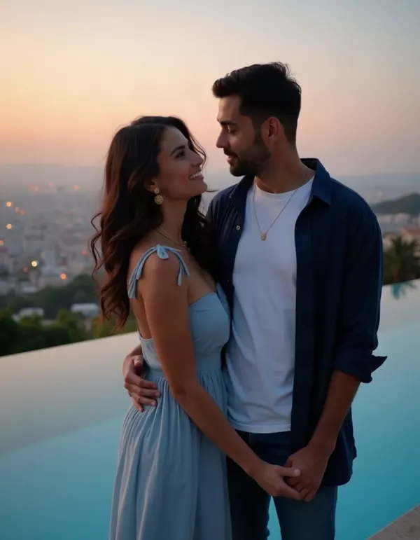 Maya and a man holding hands beside an infinity pool at dusk.