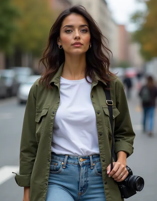 Maya on a city photo walk with a camera strap over her shoulder.