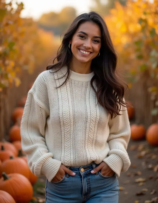 Maya walking through a pumpkin patch in autumn light.