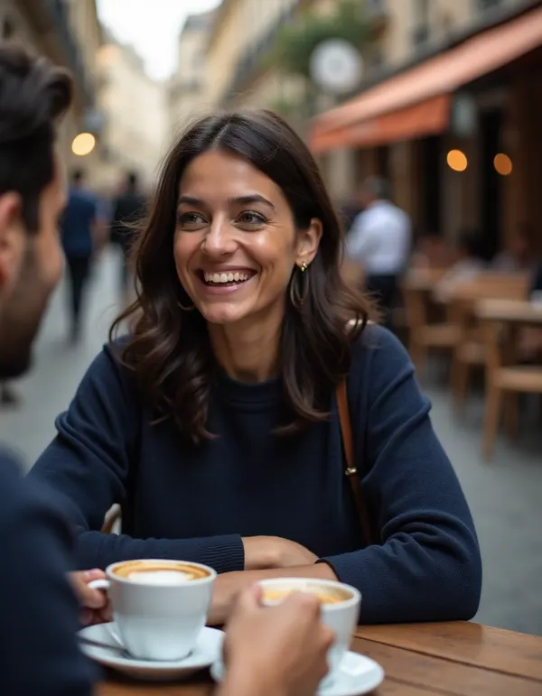 Maya laughing across a small Parisian café table.