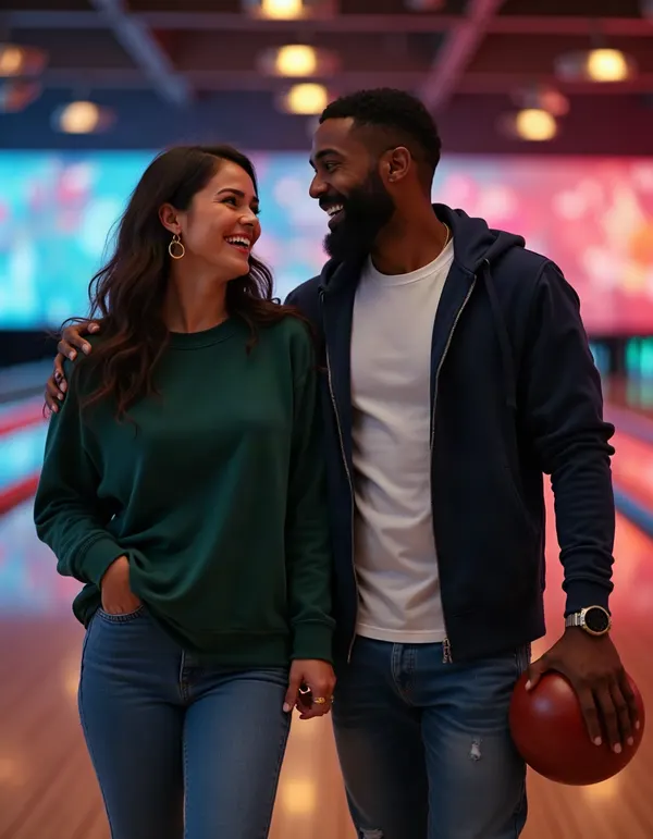 Maya and a man laughing at a bowling alley with a bowling ball.