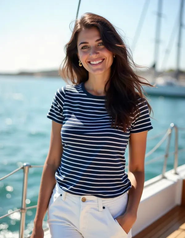 Maya standing on a sailboat deck in bright sun.