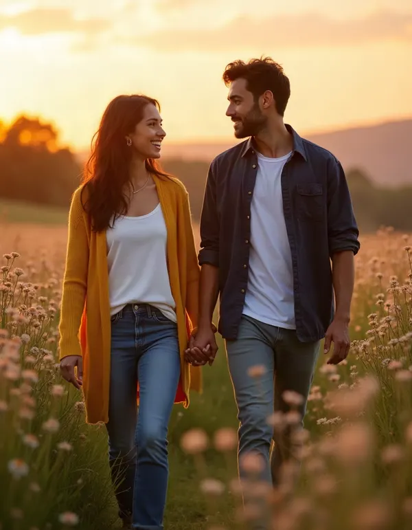 Maya and a man walking hand in hand through a meadow at sunset.