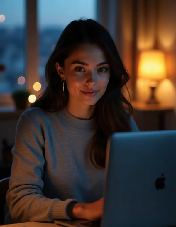Maya seated at a desk in the evening with laptop glow on her face.
