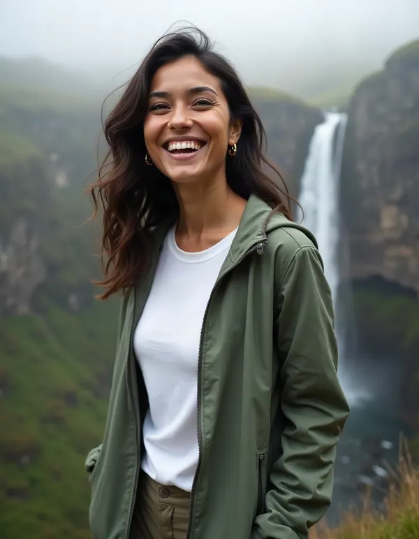 Maya laughing at a misty waterfall viewpoint.