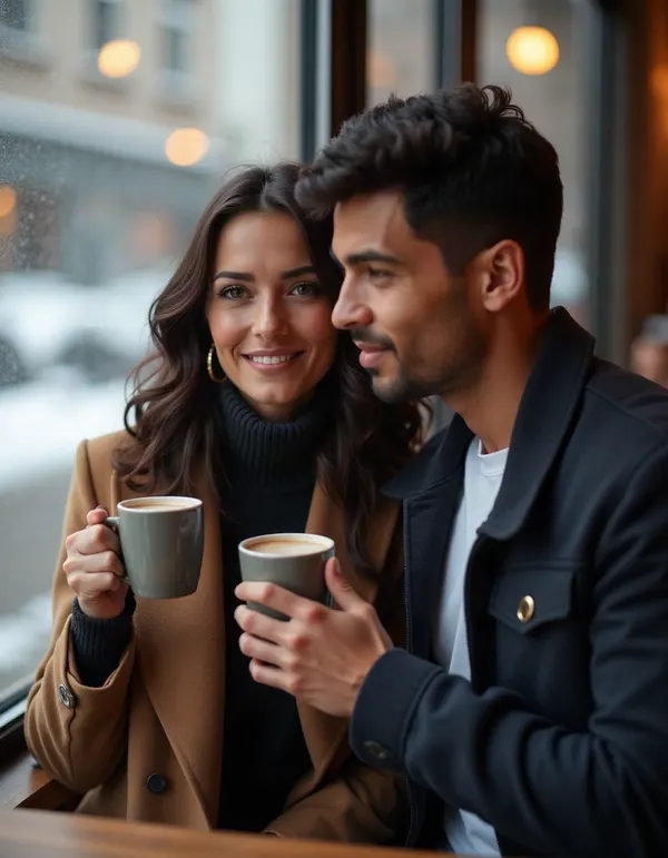 Maya and a man with hot chocolate by a foggy café window.