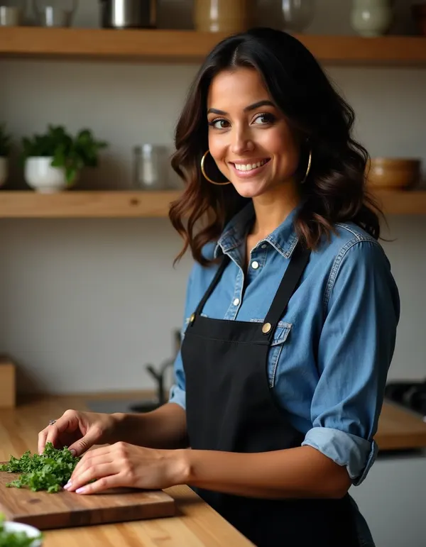 Maya at a cooking class station with herbs and a wooden board.