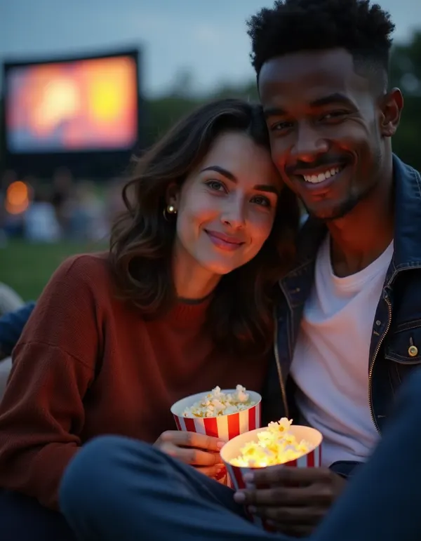 Maya and a man under a blanket at an open-air cinema.