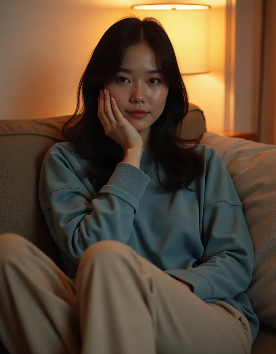 Woman relaxing on a sofa with warm lamplight