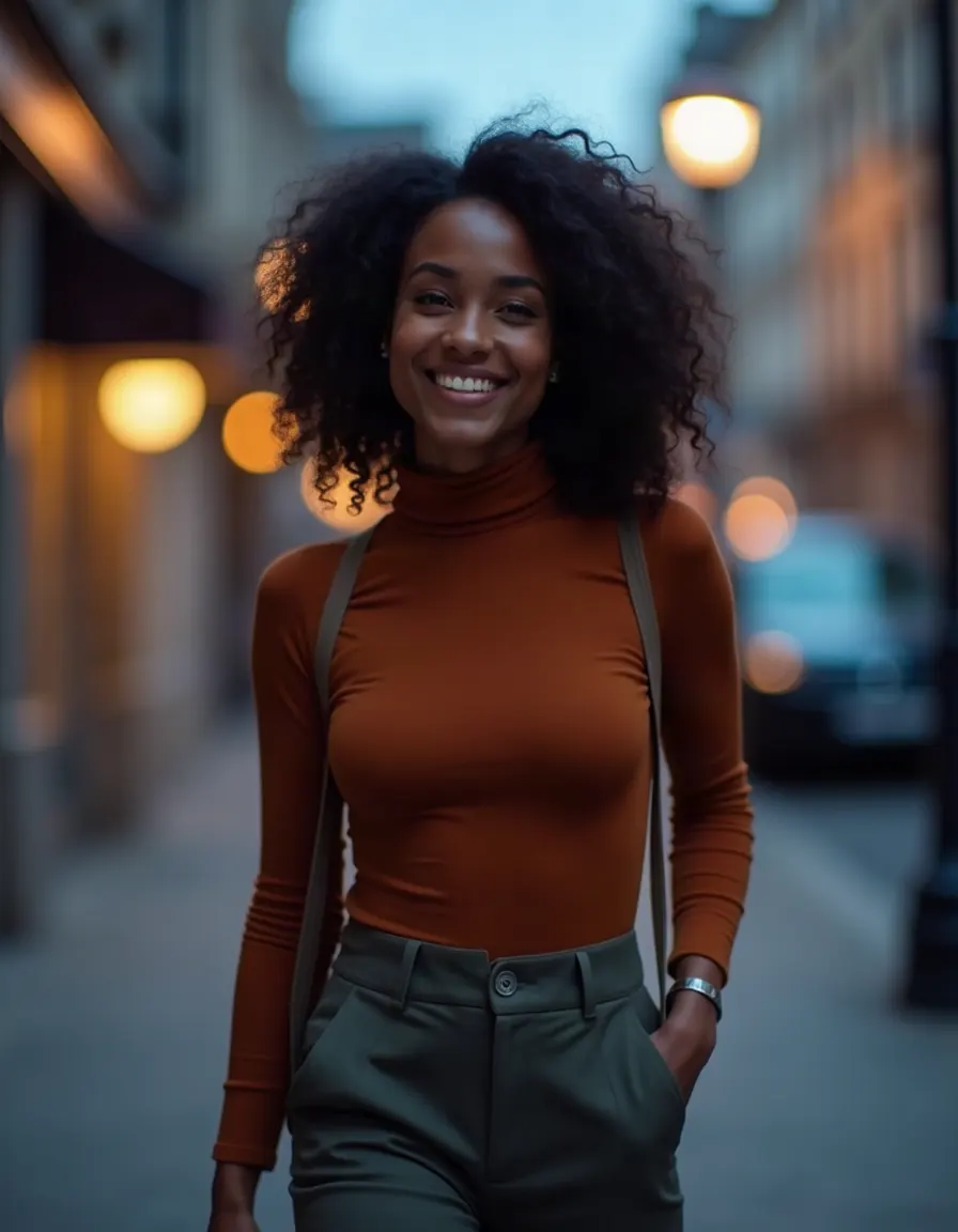 Woman walking home at dusk with a gentle smile