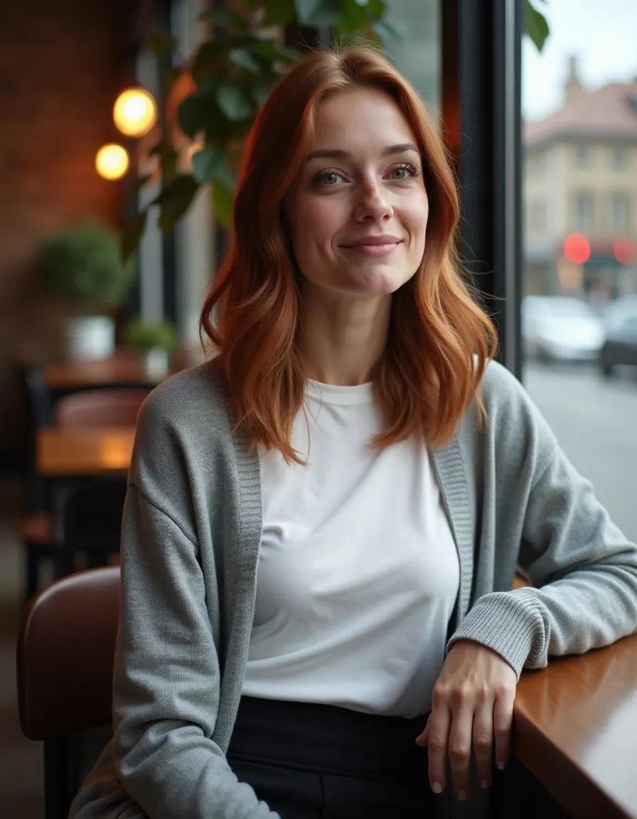 Woman in a cafe looking out the window thoughtfully
