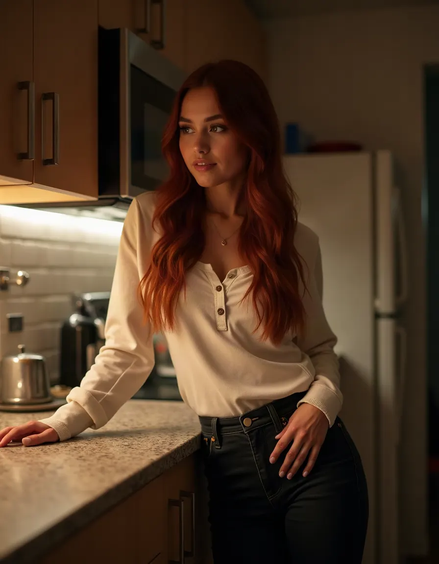 Woman in a kitchen at night smiling softly