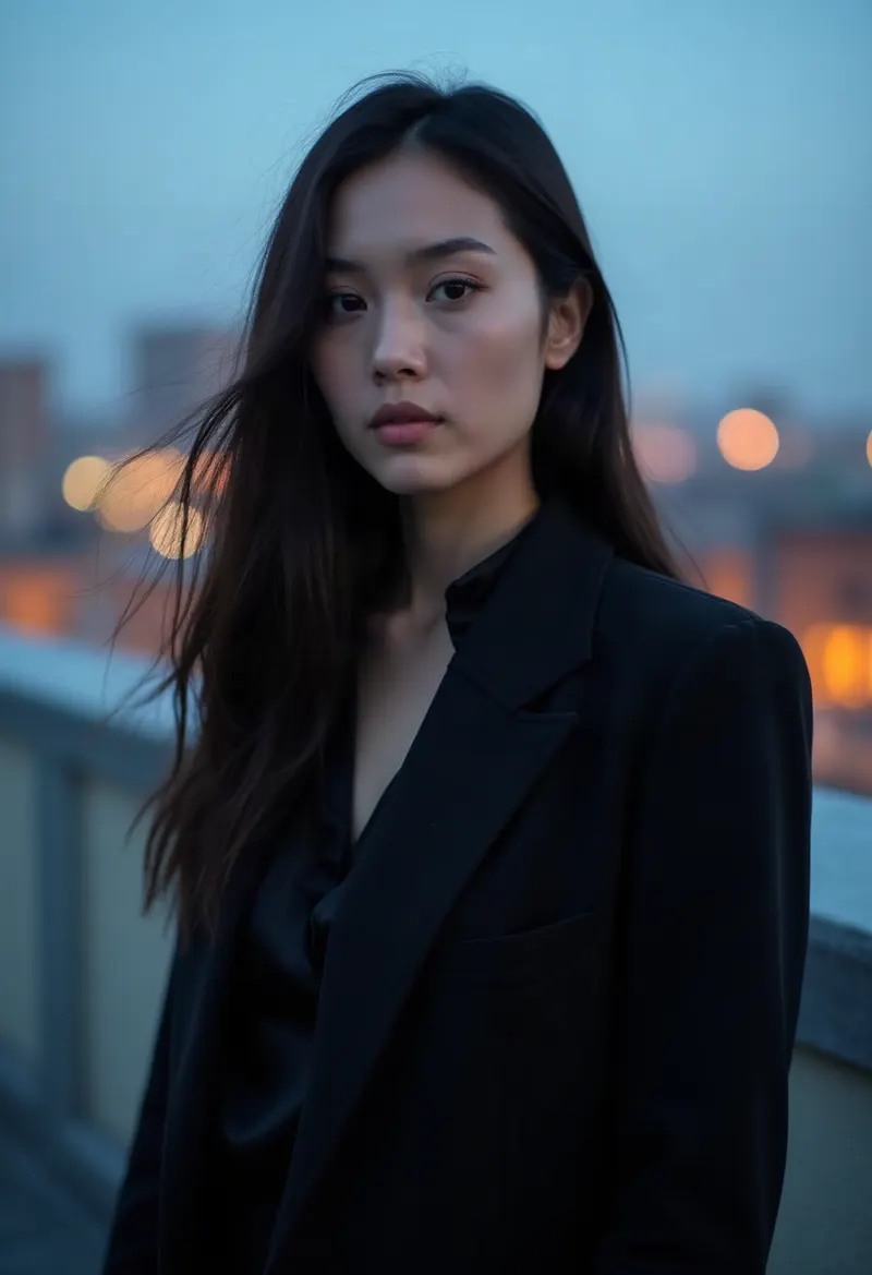 Woman on a rooftop at blue hour in a black coat and silk blouse