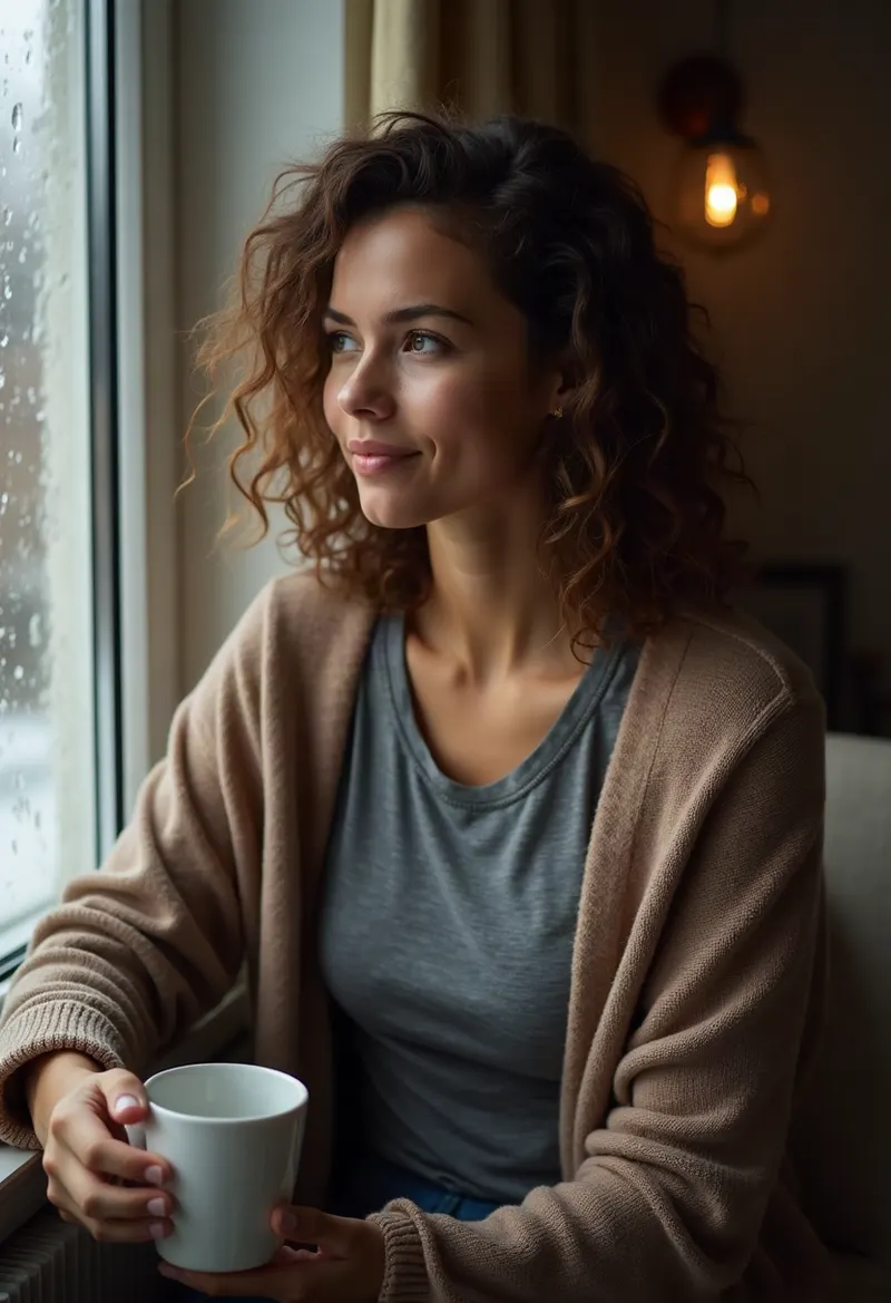 Woman sitting by a rain-streaked window with a mug and cardigan