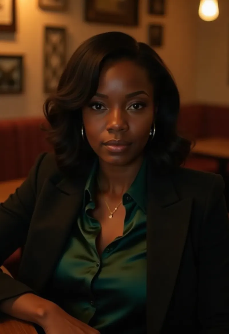 Woman seated in a dim lounge wearing a satin shirt and blazer