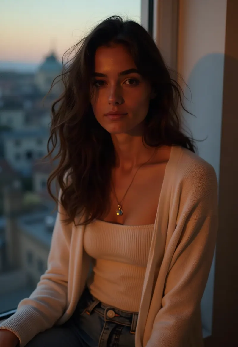 Woman with a calm, thoughtful expression in a softly lit apartment