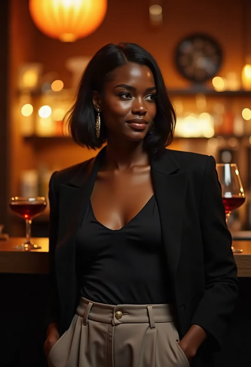 Smiling woman in a stylish bar with warm evening light
