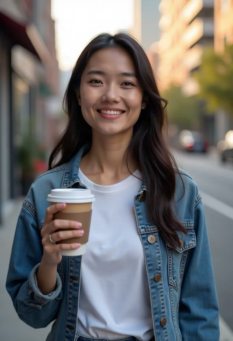 Woman holding a coffee cup on a city street in the morning